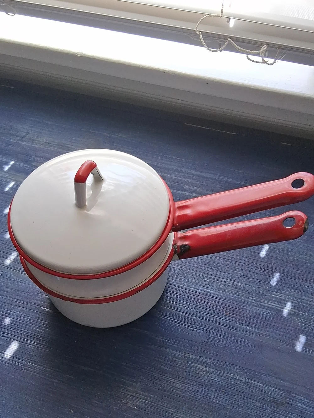 Vintage White Enamel Double Boiler with Red Trim and Handles